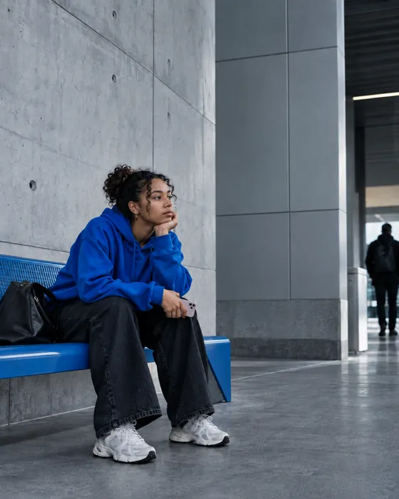 Jeune femme assise sur un banc, téléphone à la main, pensive