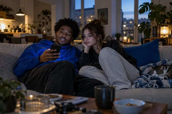 Un couple regarde un téléphone sur un canapé le soir