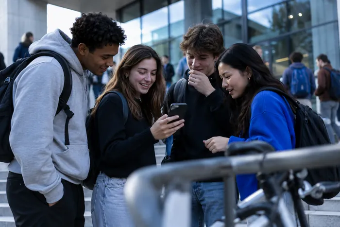 Quatre étudiants regardent un téléphone devant leur campus