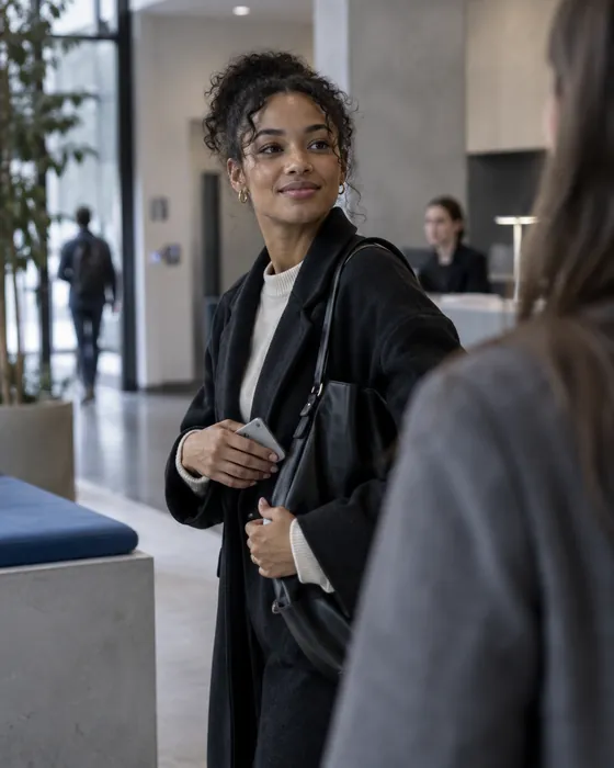 Jeune femme souriante dans le hall d'une entreprise