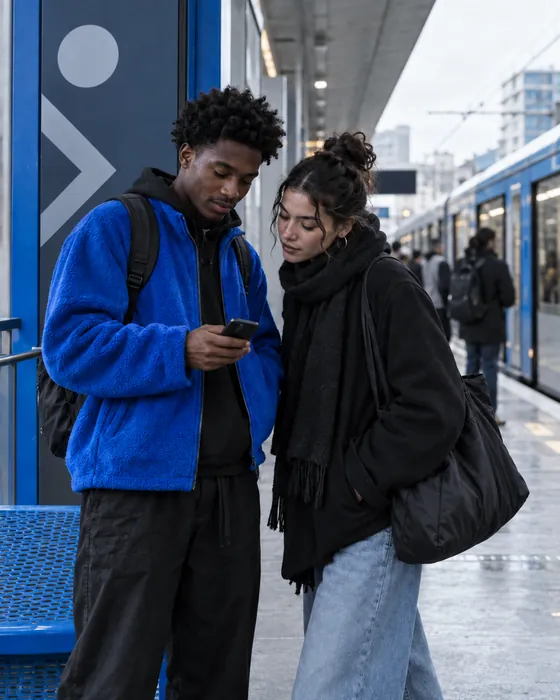 Deux jeunes lisent un téléphone sur un quai de tram