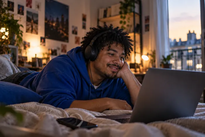 Jeune homme allongé, casque sur les oreilles, devant son ordinateur